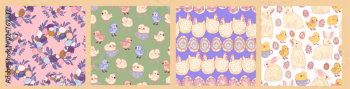 Set of pastel seamless hand-drawn Easter patterns. Cute bunnies, chicks, hens, wreath. Seasonal festival provence wallpape