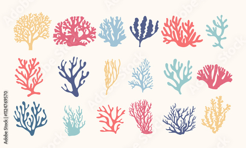 Set of various corals, algae and seaweed. Aquarium plants. Cartoon ocean plants. Underwater reef flora vector illustration icons set	