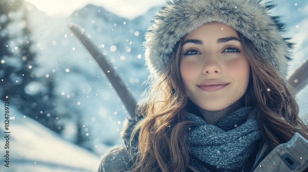 A smiling ethnic woman, wrapped in a warm winter coat and a fur hat, stands against the background of snow-capped mountains and frozen lakes. Soft sunlight breaking through the clouds. A smiling ethnic woman, wrapped in a warm winter coat and a fur hat, stands against the background of snow-capped mountains and frozen lakes. Soft sunlight breaking through the clouds.