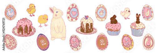 Easter set of transparent illustration stickers without background. Eggs, Easter cakes, rabbit, chickens. Festival holiday decorations, sweets, cute animals for spring Provence postcard design