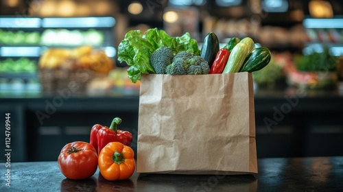 Mockup blank template craft package filled with vegetables in a grocery store setting. Eco friendly