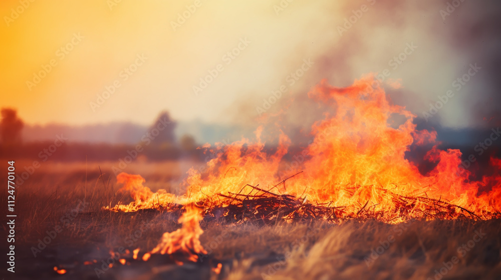 Dry grass burns on meadow in countryside at sunset. Wild fire burning dry grass in field. Orange flames and billowing smoke. Open fire. Dry grass burns on meadow in countryside at sunset. Wild fire burning dry grass in field. Orange flames and billowing smoke. Open fire.