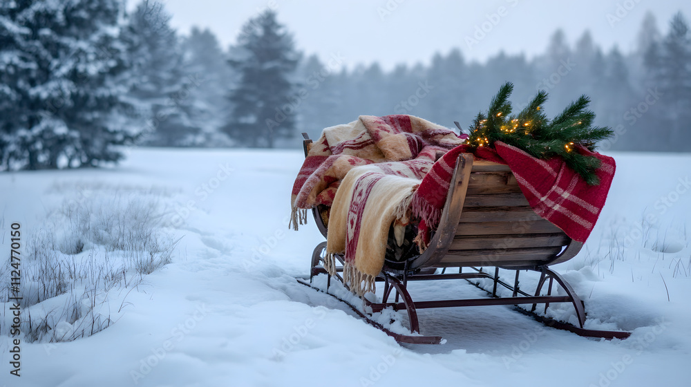 A rustic sleigh filled with blankets and pine decorations, sitting in a snowy field (2) A rustic sleigh filled with blankets and pine decorations, sitting in a snowy field (2)