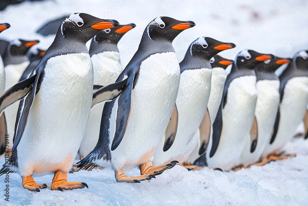 Fototapeta premium Group of gentoo penguins standing on snow in a cold environment
