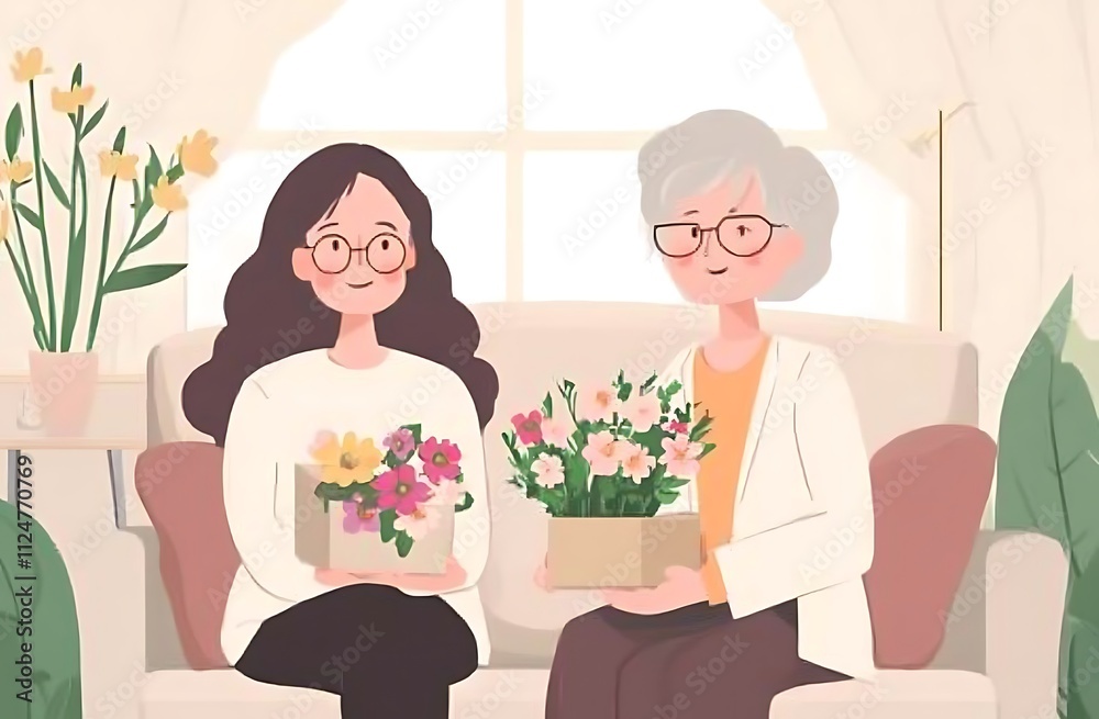 A happy mother and daughter sitting on the sofa, holding flowers in their hands, womens day background A happy mother and daughter sitting on the sofa, holding flowers in their hands, womens day background