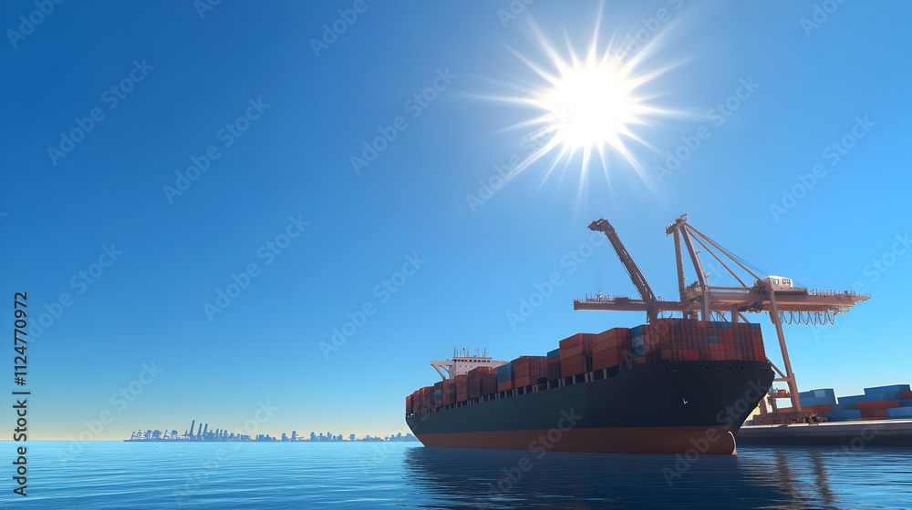 Obraz premium A large cargo ship docked at a port with cranes unloading containers under the bright sunlight. Cargo ship unloading at port.