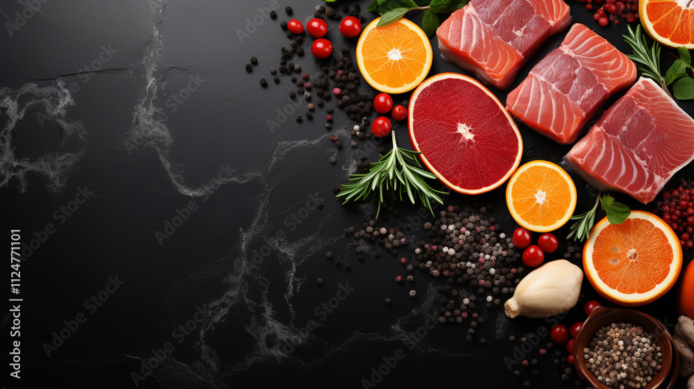 Various protein sources concept - fish, pork. Top view. On a black stone background.