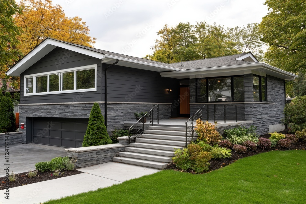 Φωτογραφία Modern suburban house exterior gray siding stone veneer white trim gabled roof