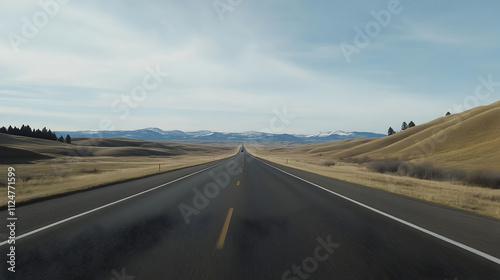 A long, empty highway stretching into the horizon, with a car speeding along, surrounded by rolling hills and open fields. Car driving on empty highway.