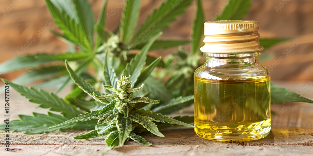 Natural hemp oil with cannabis leaves on rustic wooden table for holistic wellness
