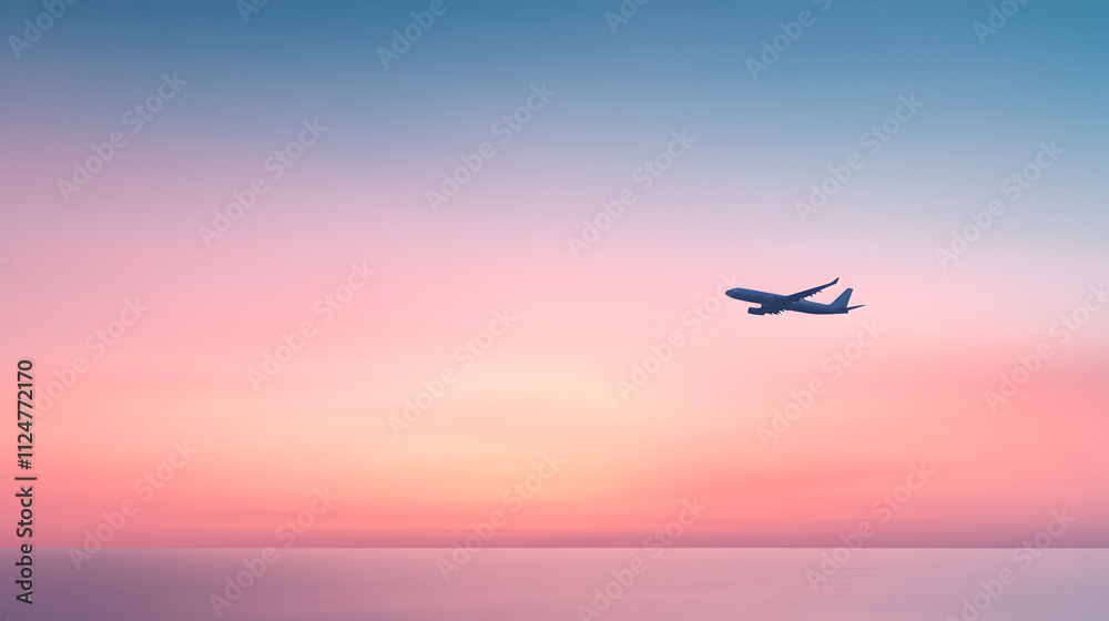 Fototapeta premium A minimalist design of an airplane soaring through a gradient sky, with a calm sea below. Airplane flying over ocean.