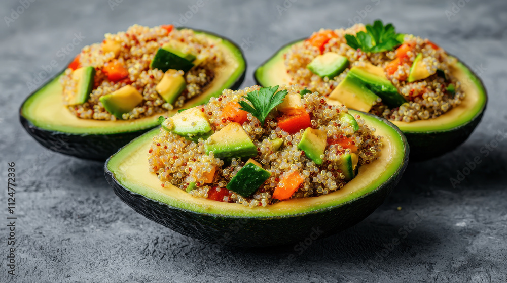 Fresh avocado halves filled with colorful quinoa salad, featuring diced vegetables like cucumber and bell pepper, creating nutritious and vibrant dish Fresh avocado halves filled with colorful quinoa salad, featuring diced vegetables like cucumber and bell pepper, creating nutritious and vibrant dish