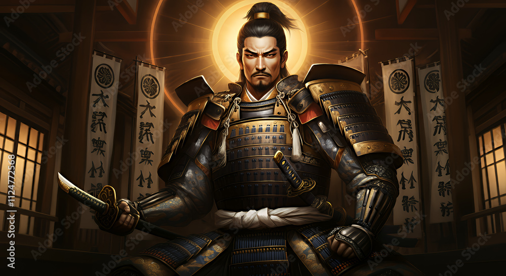A majestic depiction of Hachiman, god of war and warriors, in samurai armor surrounded by banners and a shrine setting, symbolizing strength and protection. A majestic depiction of Hachiman, god of war and warriors, in samurai armor surrounded by banners and a shrine setting, symbolizing strength and protection.