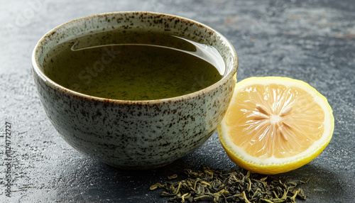 cup of green tea with lemon wedge on side, showcasing refreshing beverage. vibrant colors and textures create inviting atmosphere for tea lovers photo