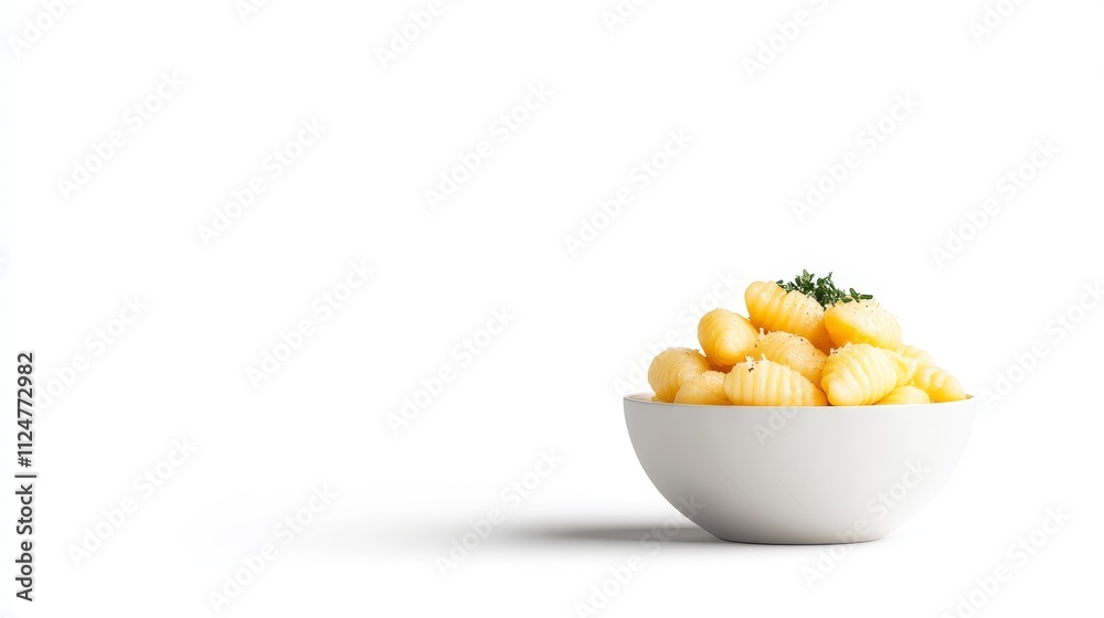 Fresh and Fluffy Gnocchi Served in a White Bowl with Green Garnish on a Simple White Background for a Minimalist Culinary Presentation Fresh and Fluffy Gnocchi Served in a White Bowl with Green Garnish on a Simple White Background for a Minimalist Culinary Presentation