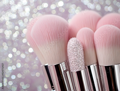 Soft pink and silver makeup brushes arranged elegantly against a shimmering background