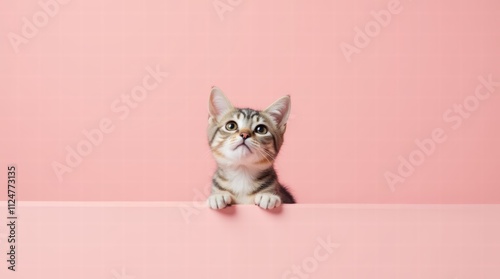 A cat peering with wide eyes on a solid pastel pink background, minimalist and endearing