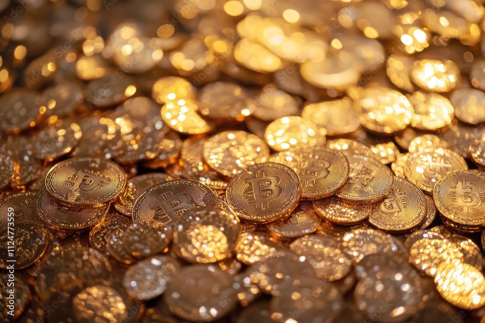Pile of Bitcoin coins golden texture, shiny and reflective surface cryptocurrency theme Pile of Bitcoin coins golden texture, shiny and reflective surface cryptocurrency theme