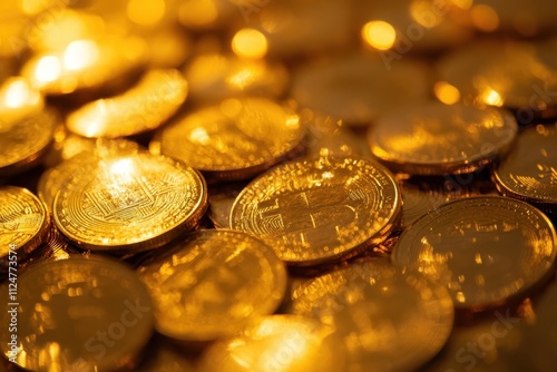 Pile of Bitcoin coins golden texture, shiny and reflective surface cryptocurrency theme photo