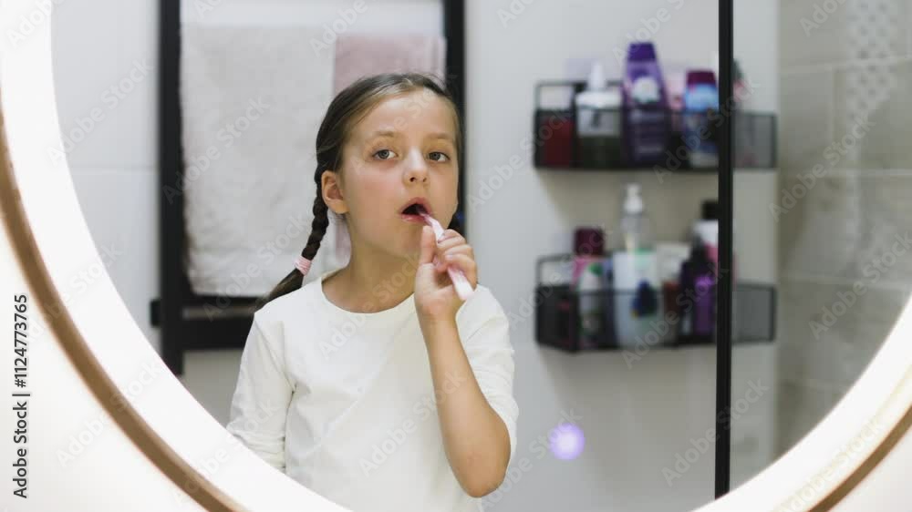 Young Caucasian girl brushing teeth in bathroom with focus on oral hygiene. Joyful expression and missing milk teeth add charm to daily routine.
