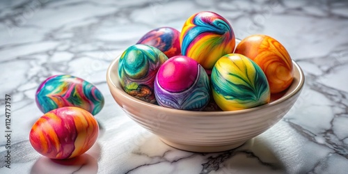 Beautifully Designed Easter Eggs in Tie Dye Technique Arranged in a Bowl on a Marble Table for a Festive Spring Celebration