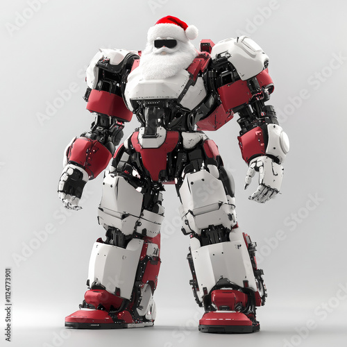 Santa Claus in a Gundam exosuit mech robot, ready for action with a sleek, futuristic look and dynamic energy.