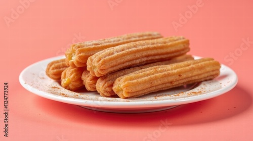 A plate of churros dusted with sugar and cinnamon powder on a pastel pink background
