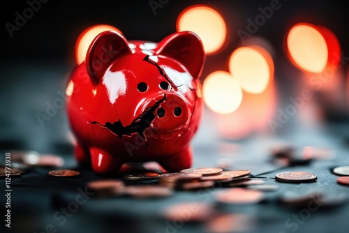 Red piggy bank cracked coins scattered bokeh lights background dark surface high contrast shallow depth of field photo