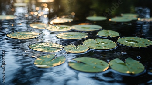 Water lily pads floating on pond at golden hour reflecting sunlight