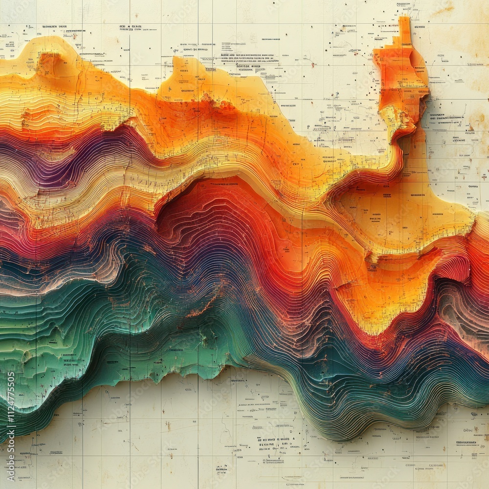 A colorful, layered topographic map showcasing geographical features in vibrant hues. A colorful, layered topographic map showcasing geographical features in vibrant hues.