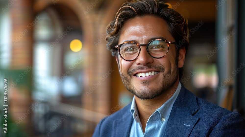 Close-up of handsome smiling young business man wearing glasses in an office building Close-up of handsome smiling young business man wearing glasses in an office building