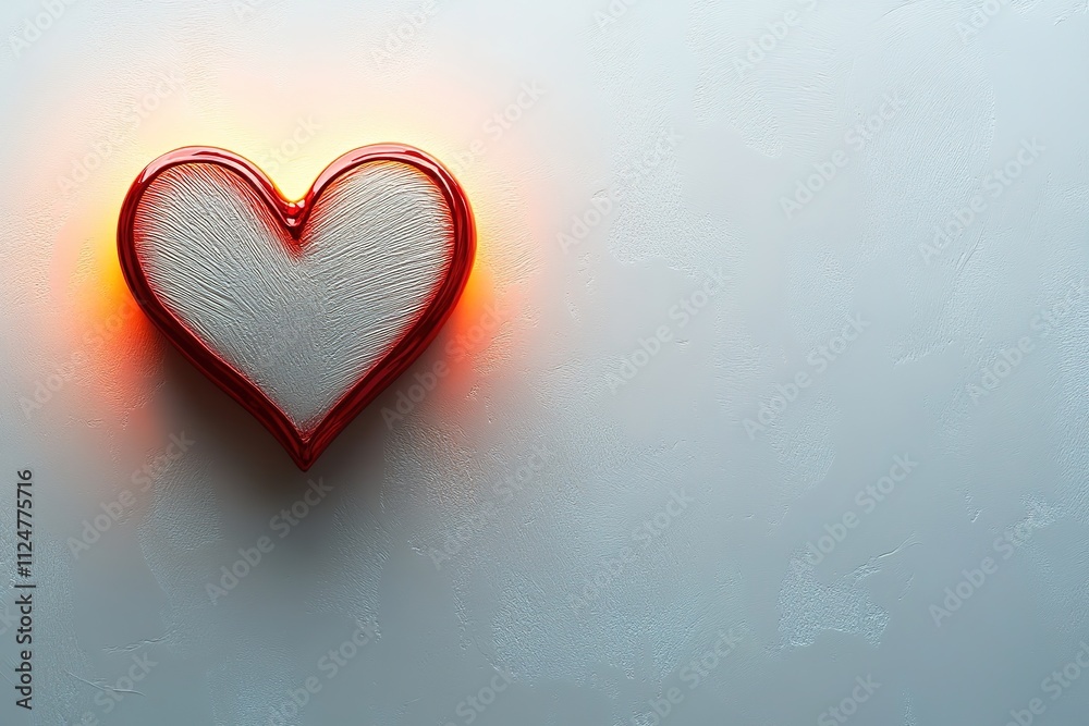 single embossed heart outlined in red sits delicately on smooth white background softly glowing with abundant copy