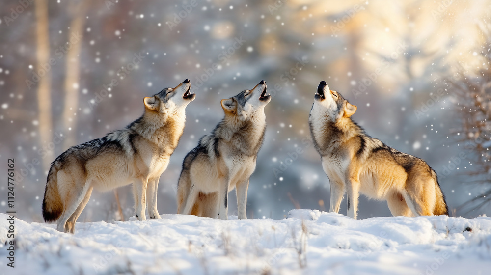 Naklejka premium Wolves Howling at Moon in Snowy Forest