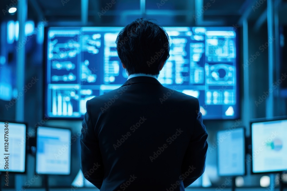 Stock market trader multiple monitors financial graphs blue glow business attire Stock market trader multiple monitors financial graphs blue glow business attire