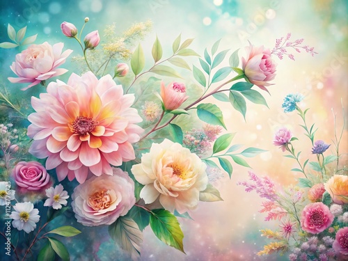 Beautiful Watercolor Flowers and Leaves in Soft Pastel Colors, Perfect for Backgrounds, Invitations, and Decorative Elements in Nature-Inspired Designs