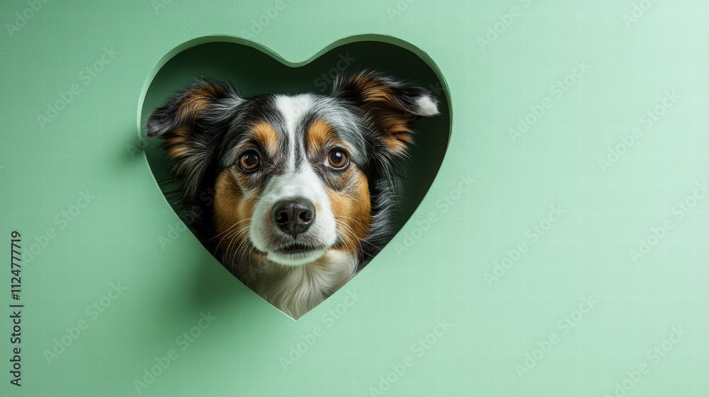 A dog peeking through a heart-shaped cutout on a solid pastel green background, symbolizing love and affection A dog peeking through a heart-shaped cutout on a solid pastel green background, symbolizing love and affection