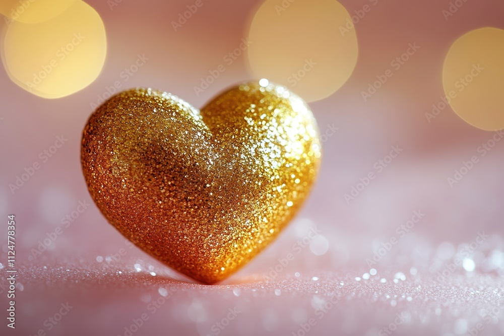 Obraz premium single golden heart-shaped charm rests delicately on smooth blush pink surface softly illuminated with generous copy