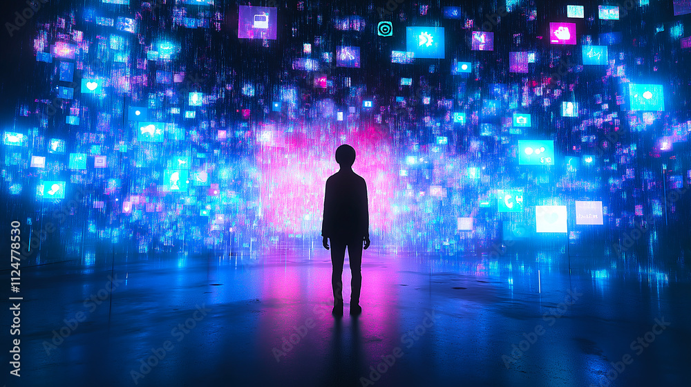 Man, silhouette and digital screens with glowing lights for technology, virtual reality or futuristic concept. Neon colors, innovation and data for cyber world, imagination or tech exploration