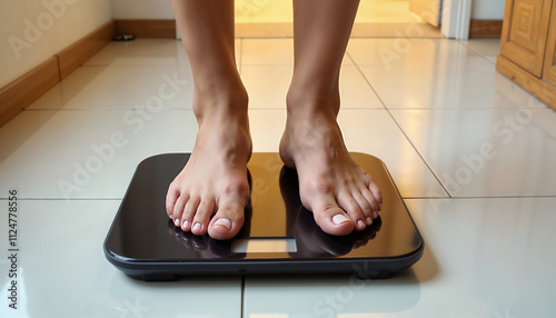 female feet on a digital scale in a bright bathroom background
