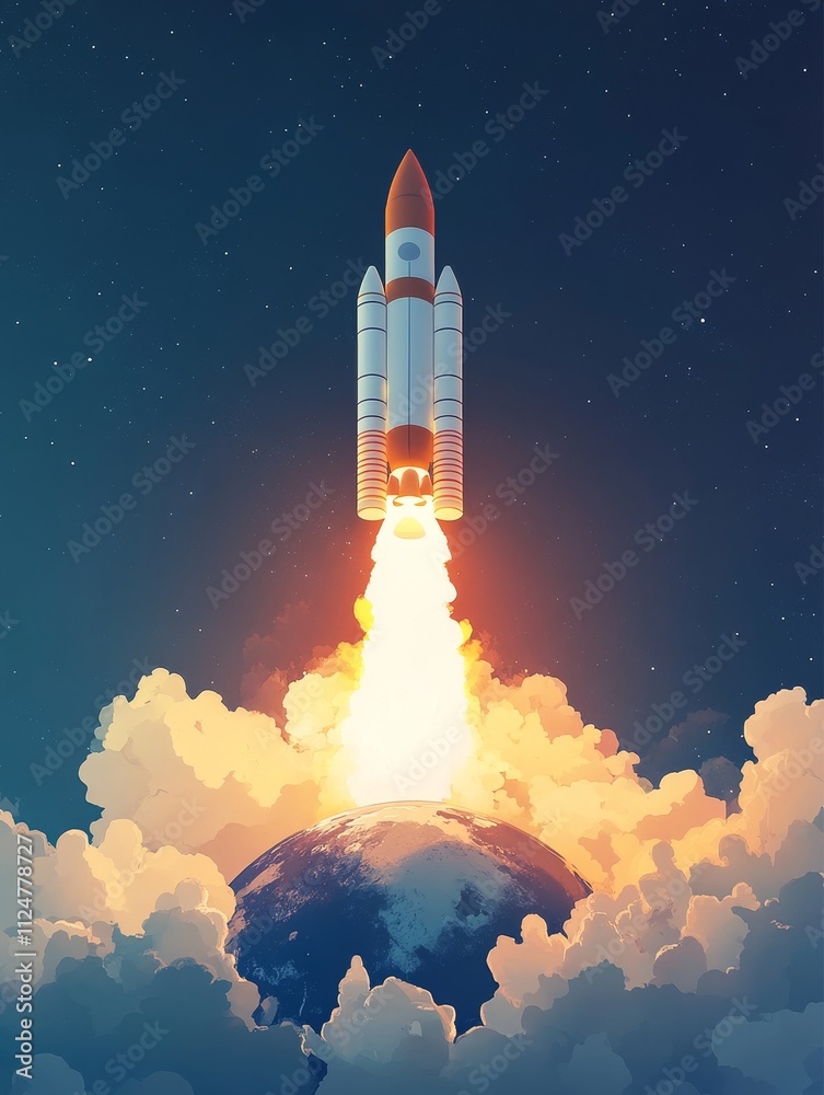 Fototapeta premium Rocket launches into space with dramatic flame and cloud display from Earth