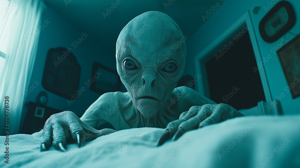 Alien, close-up and mysterious setting for science fiction, extraterrestrial encounter or fantasy scene. Creature, surreal and atmospheric room for imagination, horror or cinematic concept Alien, close-up and mysterious setting for science fiction, extraterrestrial encounter or fantasy scene. Creature, surreal and atmospheric room for imagination, horror or cinematic concept