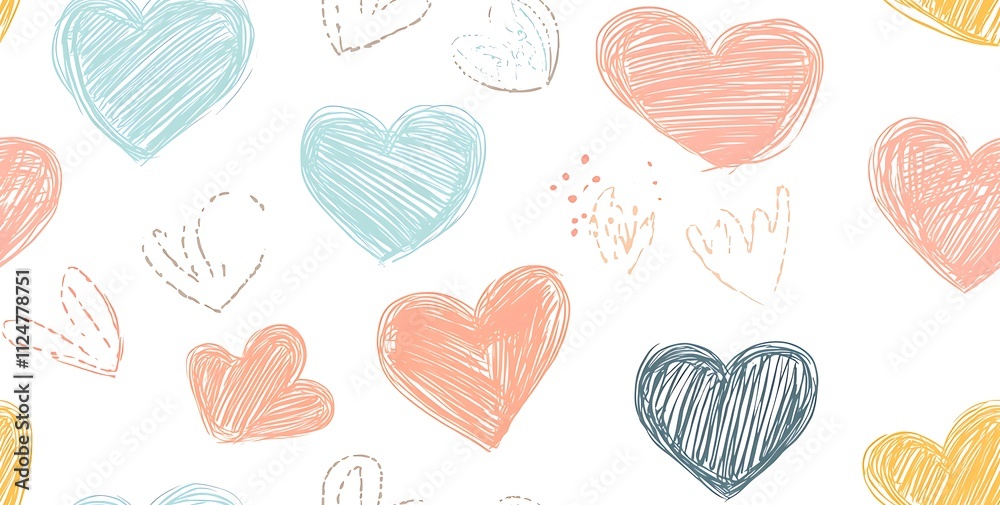 A seamless pattern of cute doodle hearts in pastel colors A seamless pattern of cute doodle hearts in pastel colors