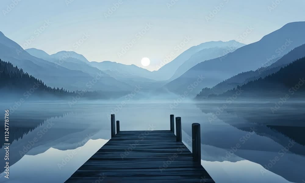 A serene lakeside scene with a wooden pier, mountains, and a soft sunrise. A serene lakeside scene with a wooden pier, mountains, and a soft sunrise.