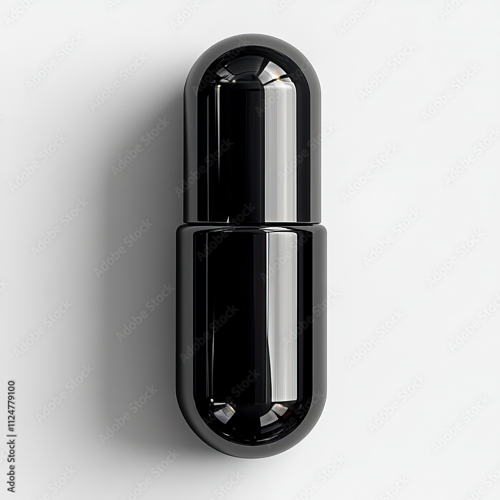 Minimalist Black Capsule-Shaped Cosmetic Bottle on a White Background Minimalist Black Capsule-Shaped Cosmetic Bottle on a White Background