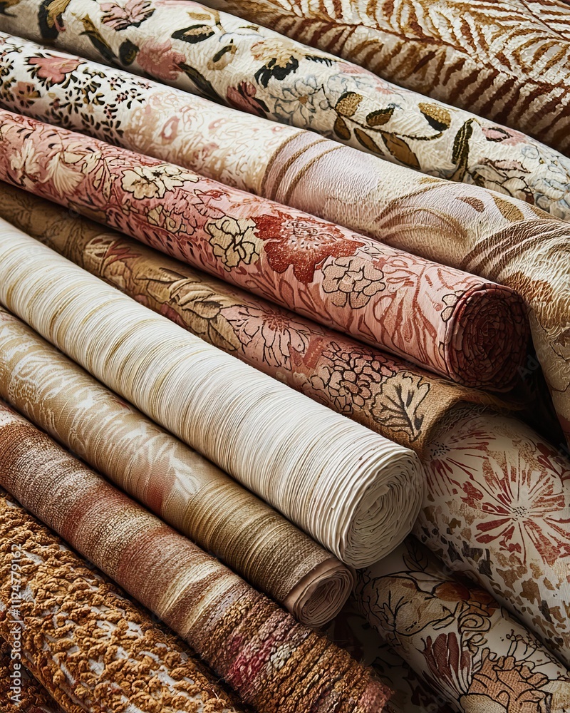 Rolled Textile Fabrics with Floral and Textured Patterns in Warm Earthy Tones Rolled Textile Fabrics with Floral and Textured Patterns in Warm Earthy Tones