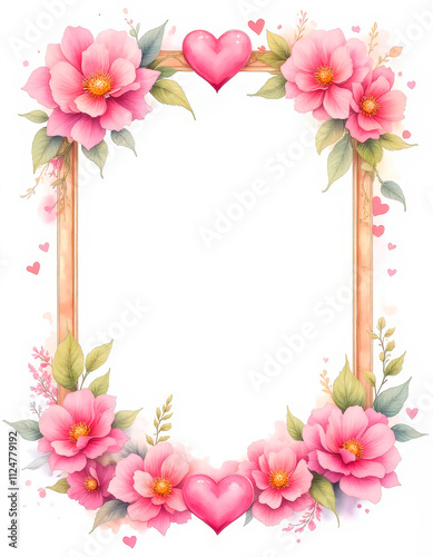 Watercolor frame decorated with hearts and pink flowers. Copy space for your custom text