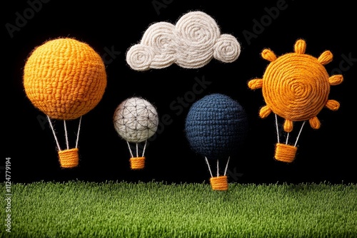 Yarn Hot Air Balloons Sun Cloud Green Grass Crafts