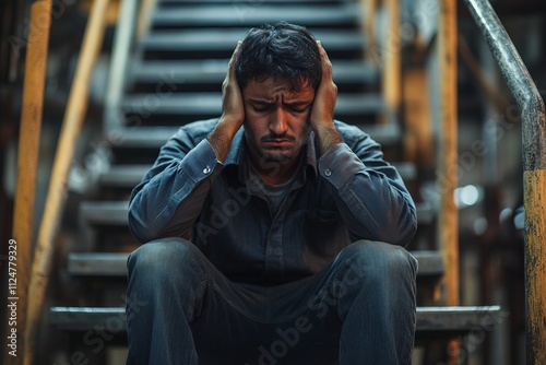 A Depressed Man Sits on Stairs in Despair - A Touching Moment of Sadness and Loneliness