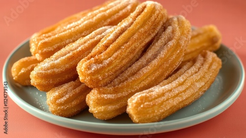 A plate of churros dusted with sugar and cinnamon powder on a pastel pink background