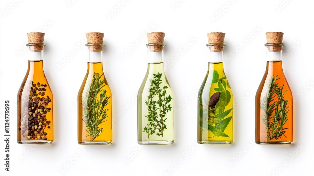 Glass Bottles with Various Infused Oils and Fresh Herbs for Culinary Use and Natural Flavor Enhancement in Cooking and Food Preparation Glass Bottles with Various Infused Oils and Fresh Herbs for Culinary Use and Natural Flavor Enhancement in Cooking and Food Preparation
